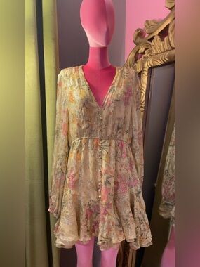 Hemant and Nandita Cream Floral V-Neck Long Sleeve Dress
